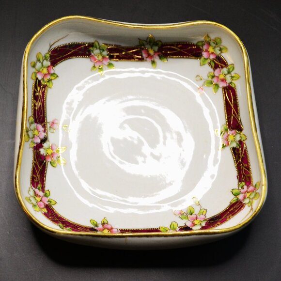 Antique Hand-Painted Nippon Square Dish Floral Ribbon Border Gold Trim Japan - Picture 5 of 7